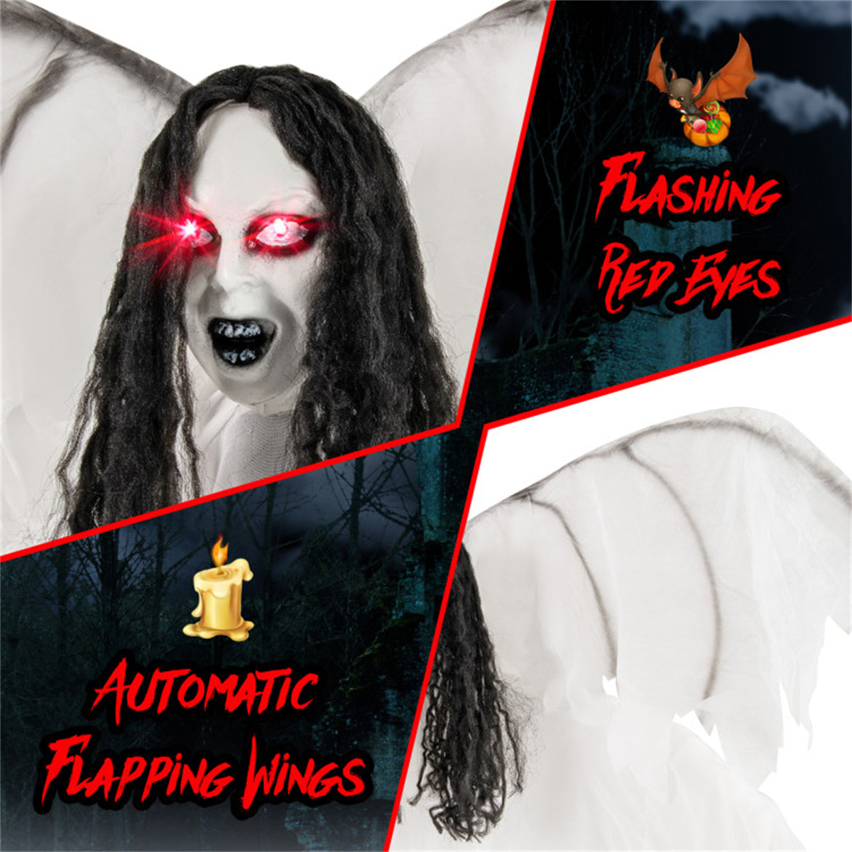 US Local 6.6 ft Life-Size Animated Halloween Angel Prop - Long Black Curly Hair, Sound-Activated , Automatic Flapping Wings