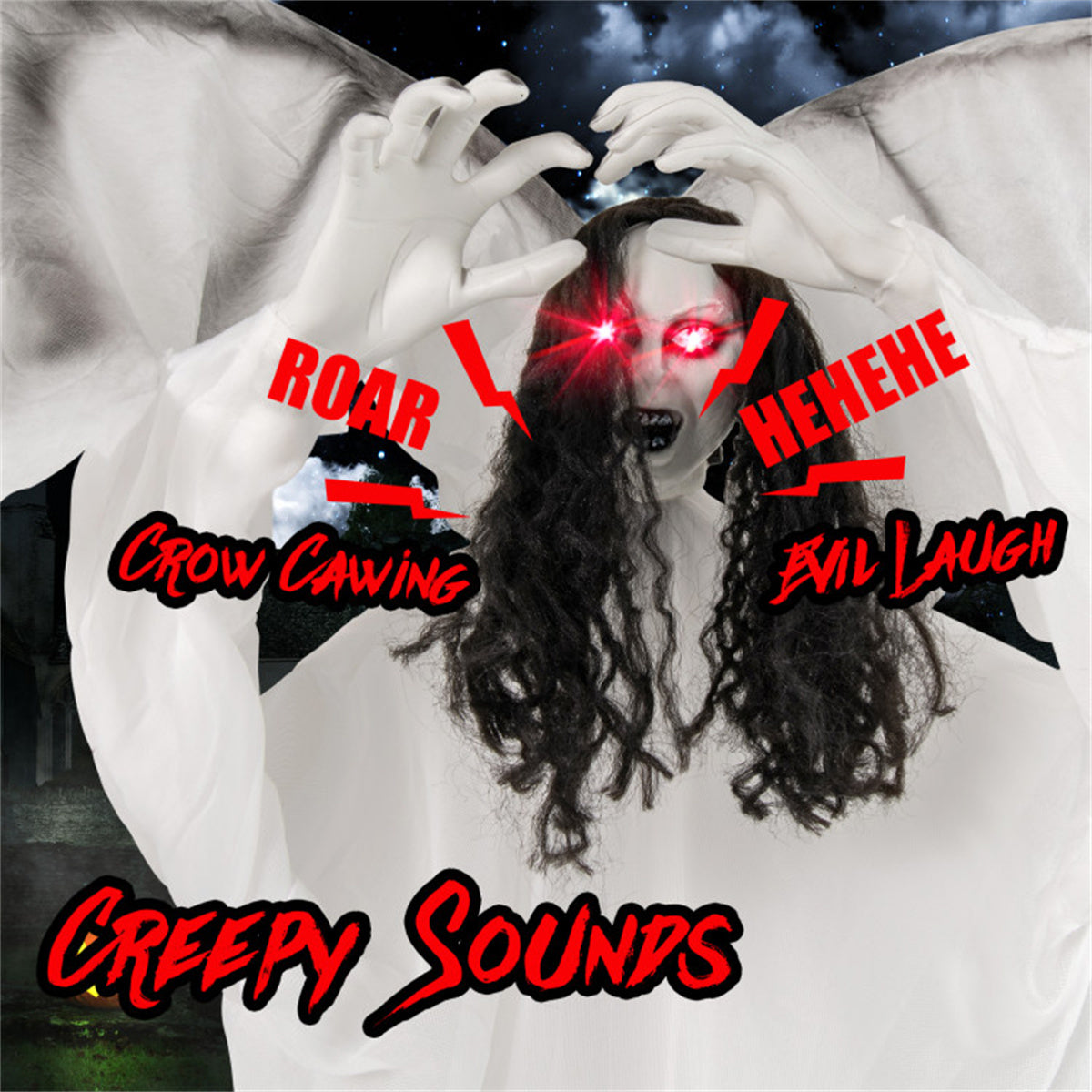US Local 6.6 ft Life-Size Animated Halloween Angel Prop - Long Black Curly Hair, Sound-Activated , Automatic Flapping Wings