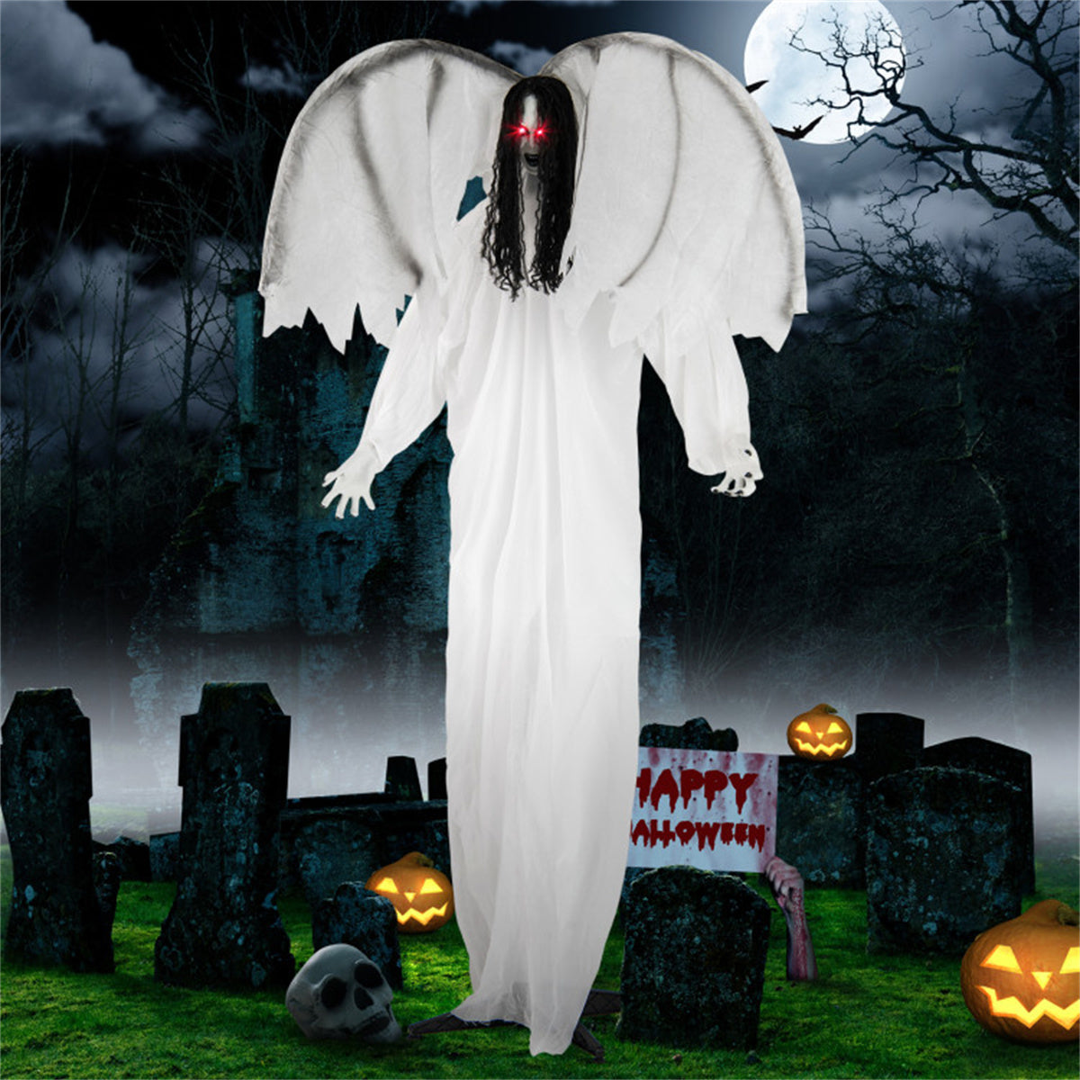 US Local 6.6 ft Life-Size Animated Halloween Angel Prop - Long Black Curly Hair, Sound-Activated , Automatic Flapping Wings