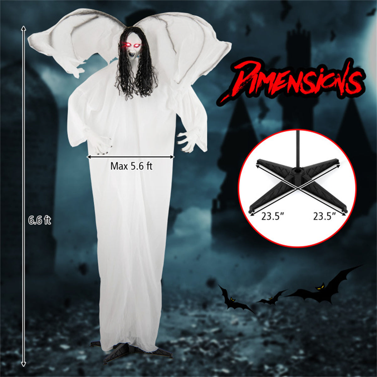 US Local 6.6 ft Life-Size Animated Halloween Angel Prop - Long Black Curly Hair, Sound-Activated , Automatic Flapping Wings