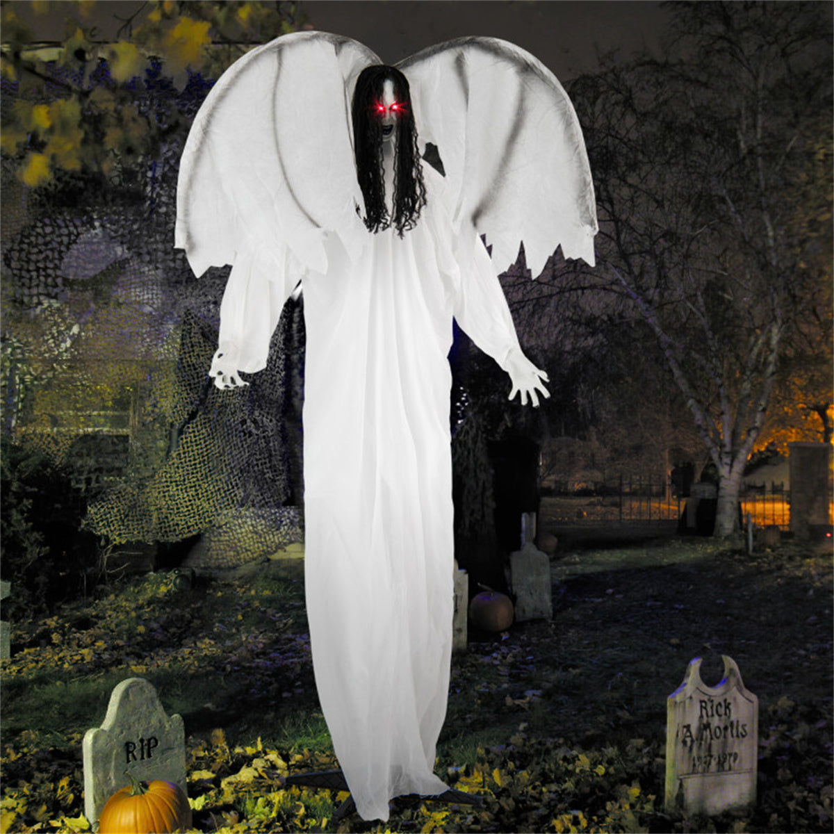 US Local 6.6 ft Life-Size Animated Halloween Angel Prop - Long Black Curly Hair, Sound-Activated , Automatic Flapping Wings