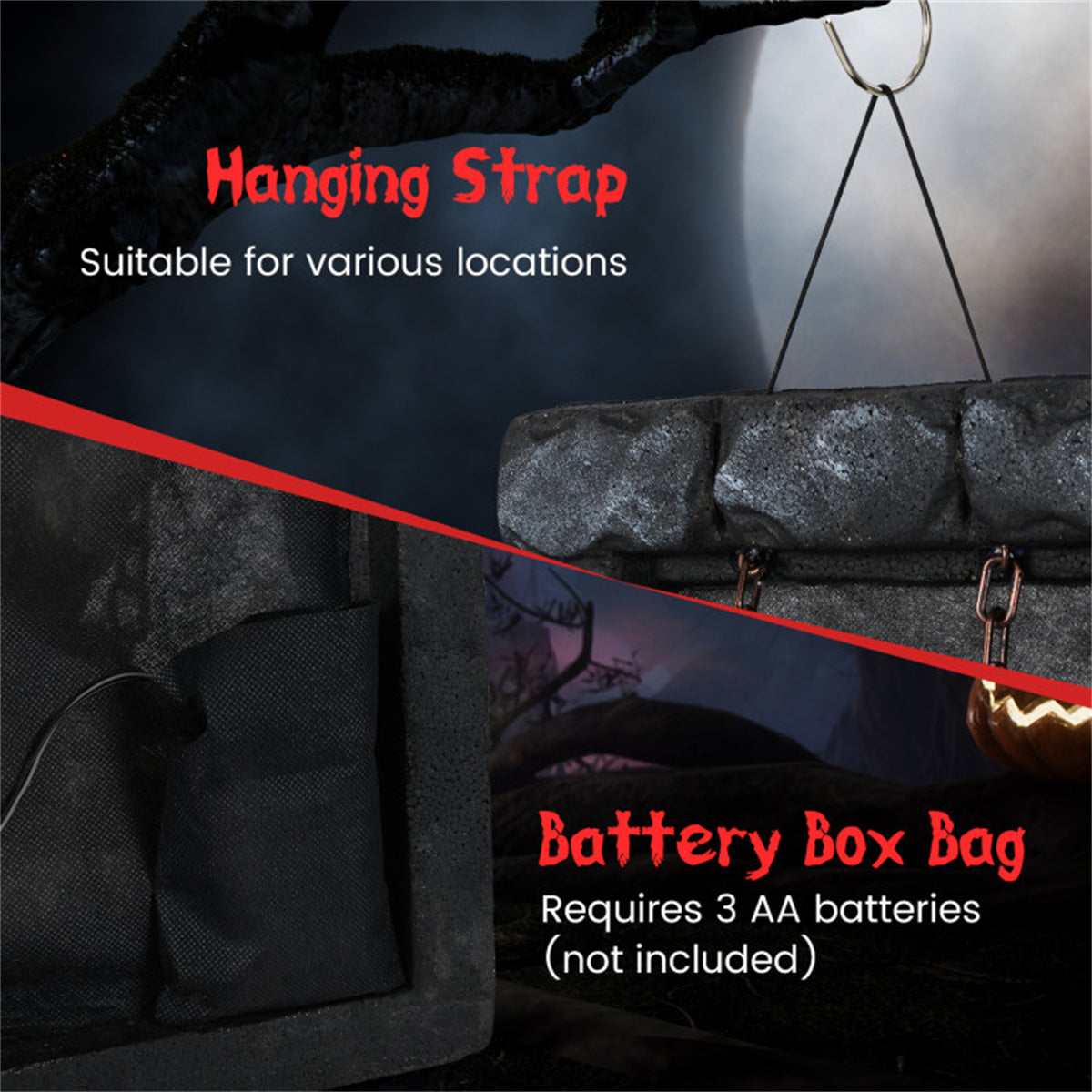 US Local 18"x12.5" Sound-Activated Halloween Zombie Prisoner Decor - Glowing Red Eyes, Creepy Sounds & Movements, Hanging Strap for Easy Display