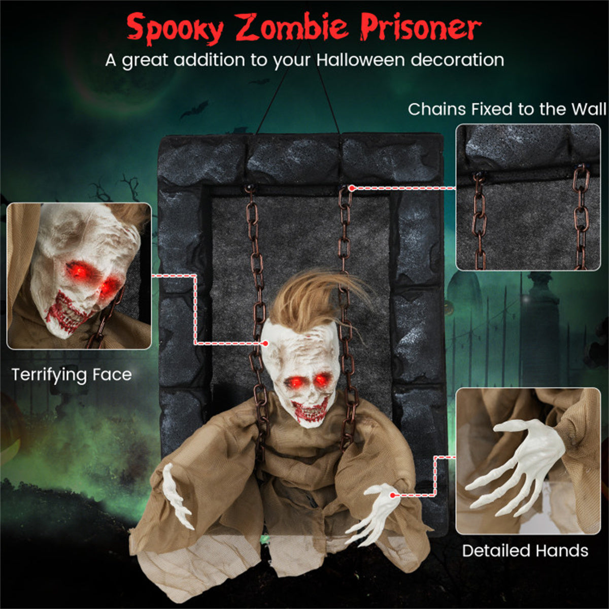 US Local 18"x12.5" Sound-Activated Halloween Zombie Prisoner Decor - Glowing Red Eyes, Creepy Sounds & Movements, Hanging Strap for Easy Display
