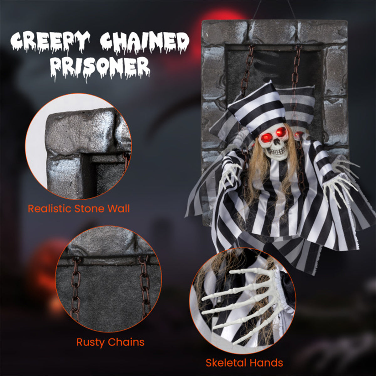 US Local 18" Animated Halloween Chained Prisoner Decor - Sound-Activated (Glowing Red Eyes + Spooky Sounds), Hanging Rope for Easy Install