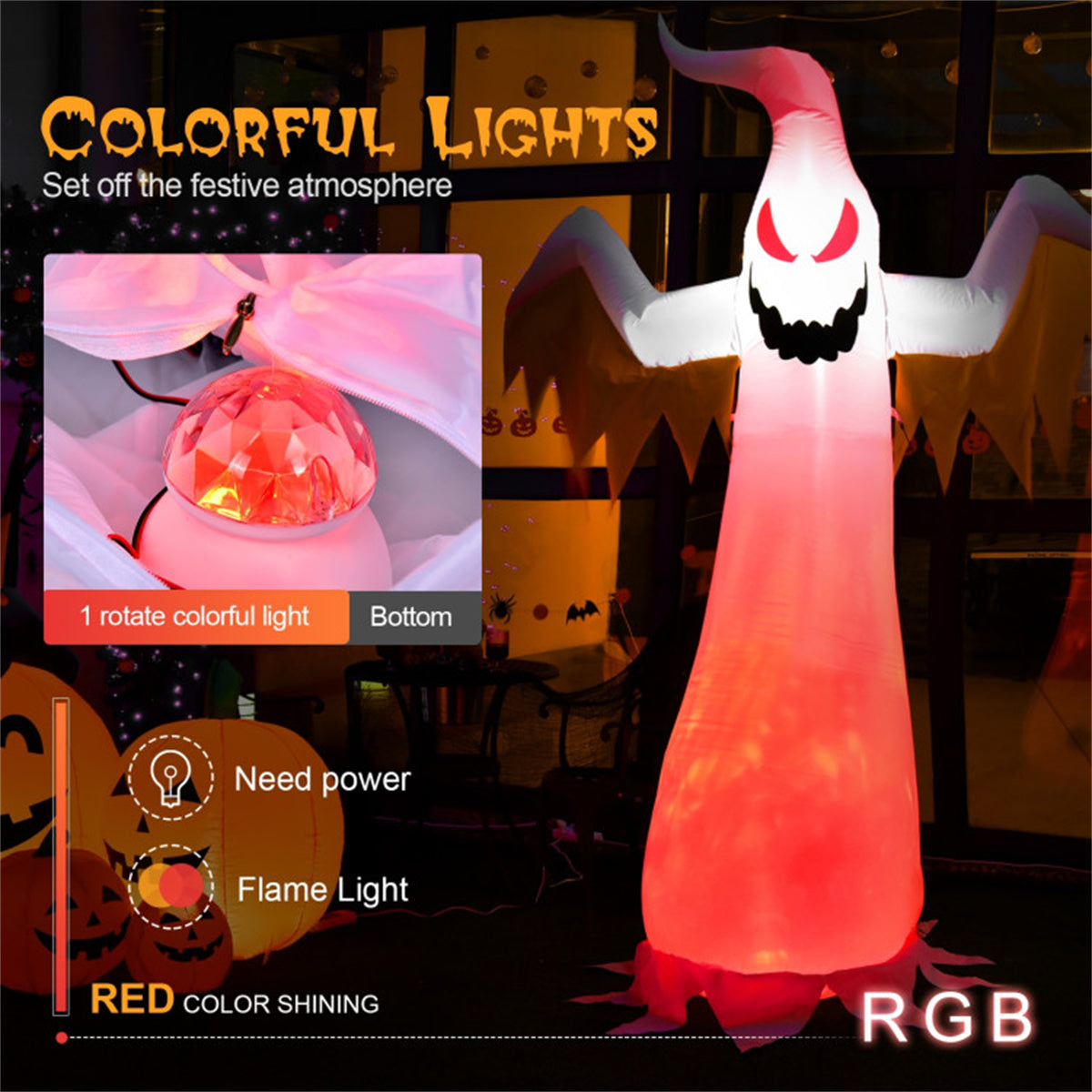 US Local 8FT Halloween Inflatable White Ghost - Rotatable Colorful LED Flame Lights, 190T Waterproof Polyester, Built-In Blower for Quick Inflation