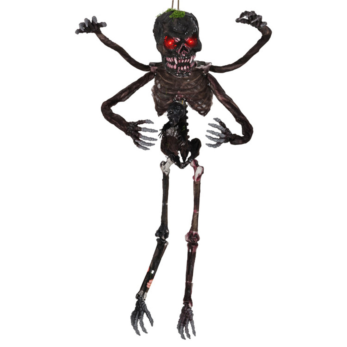 US Local 6ft Sound-Activated Halloween Skeleton - Flashing Red Eyes, Spooky Sounds, 4 Poseable Arms + Extra Skull, Hanging Rope