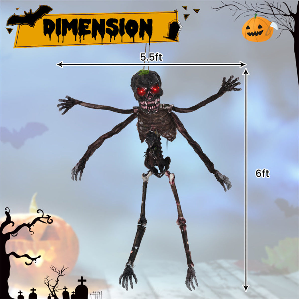 US Local 6ft Sound-Activated Halloween Skeleton - Flashing Red Eyes, Spooky Sounds, 4 Poseable Arms + Extra Skull, Hanging Rope