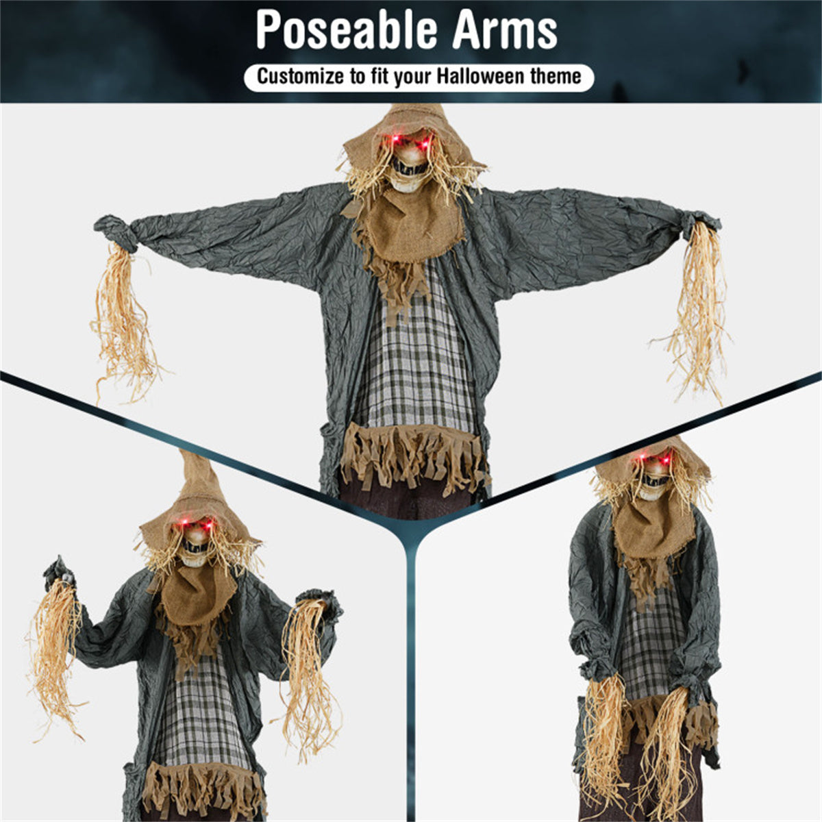US Local 7ft Life-Size Animated Halloween Scarecrow - Sound-Activated (Creepy Sounds + Moving Hat + Glowing Red Eyes), Poseable Arms