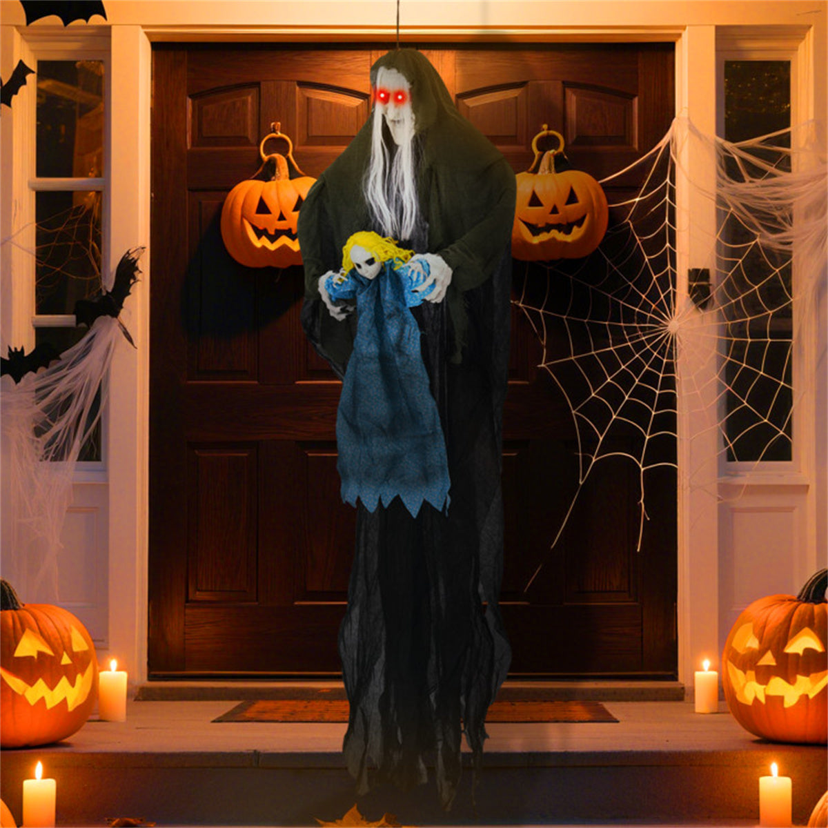 US Local Halloween Animated Witch Decor - Sound-Triggered Activation, Included Hanging Rope, Realistic Torn Robe & Horrifying Face