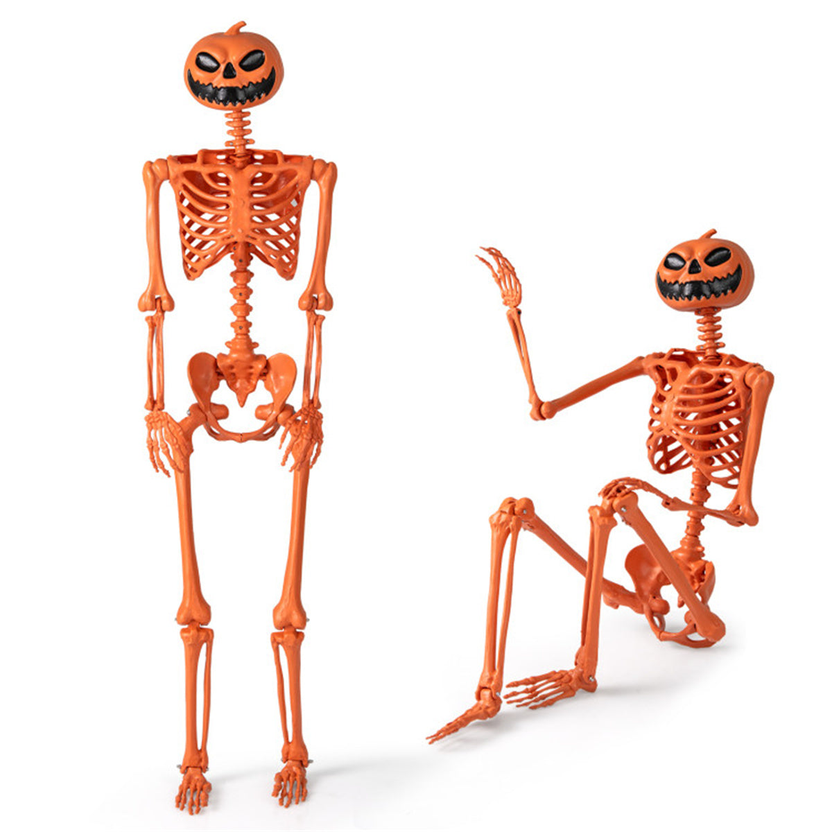 US Local 5.5ft Life-Size Halloween Skeleton with Pumpkin Head - Orange Color, Fully Poseable Joints (Jaw/Shoulders/Knees), PP+PE Material