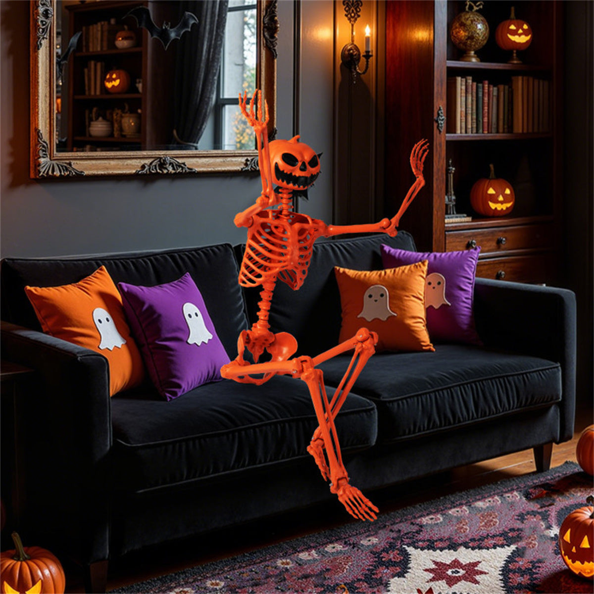 US Local 5.5ft Life-Size Halloween Skeleton with Pumpkin Head - Orange Color, Fully Poseable Joints (Jaw/Shoulders/Knees), PP+PE Material