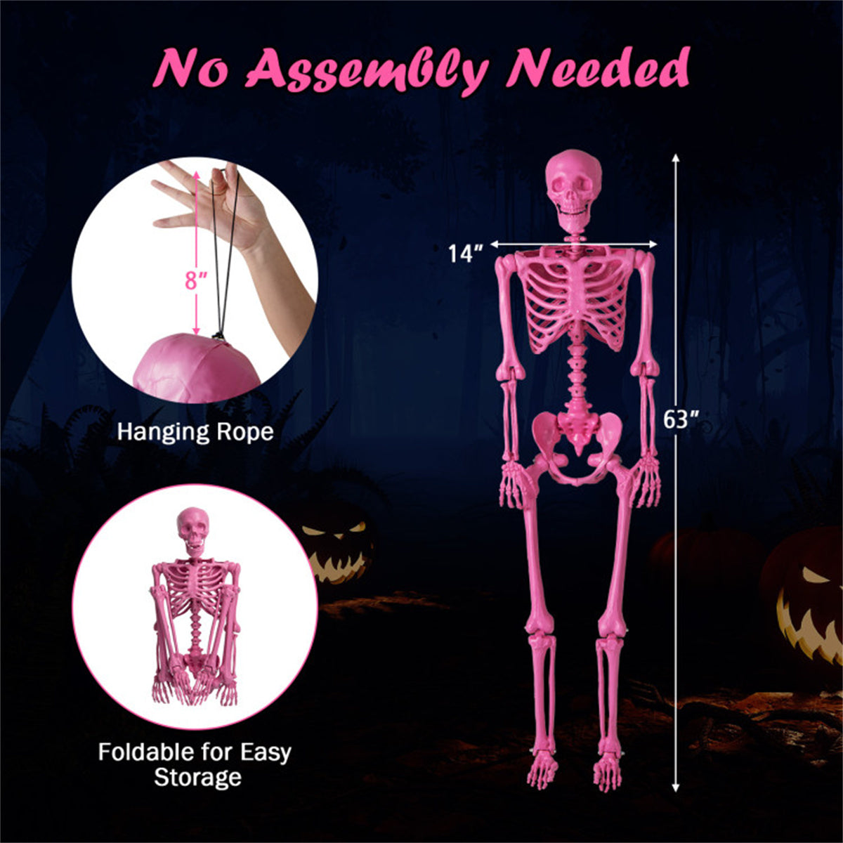US Local 5.5 FT Pink Halloween Skeleton Decor - No Assembly Needed, Integrated Hanging Rope, Playful-Spooky Vibe for Parties/Yards