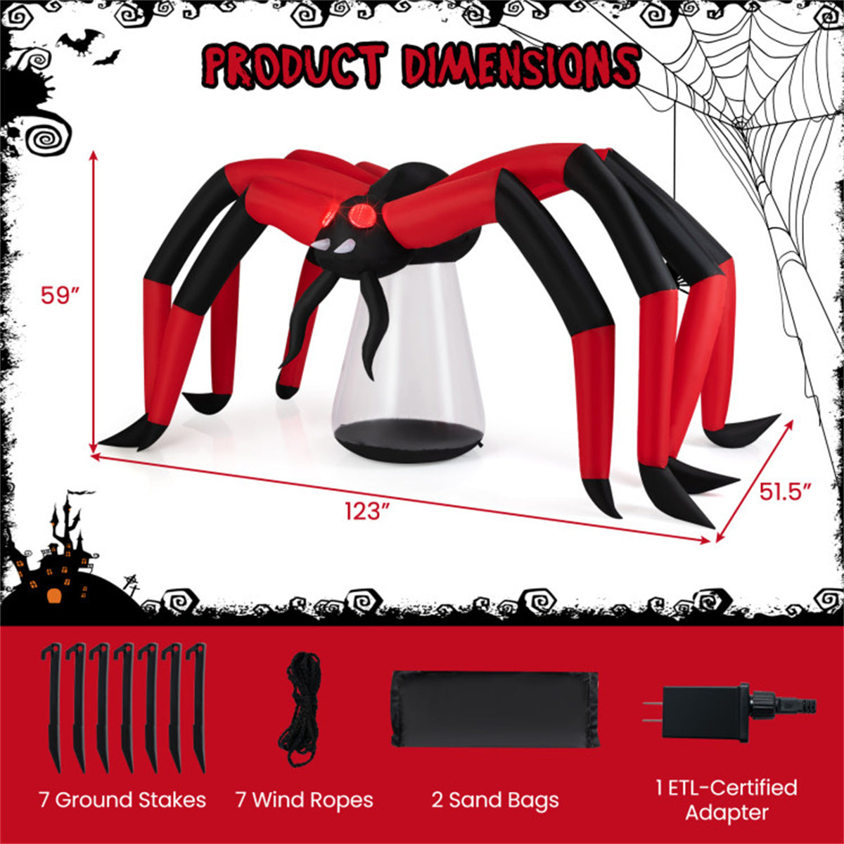 US Local 10ft Wide 5ft Tall Giant Halloween Inflatable Spider - LED Head Light + 2 Red Eye Tunnel Lights, Black + Red Color