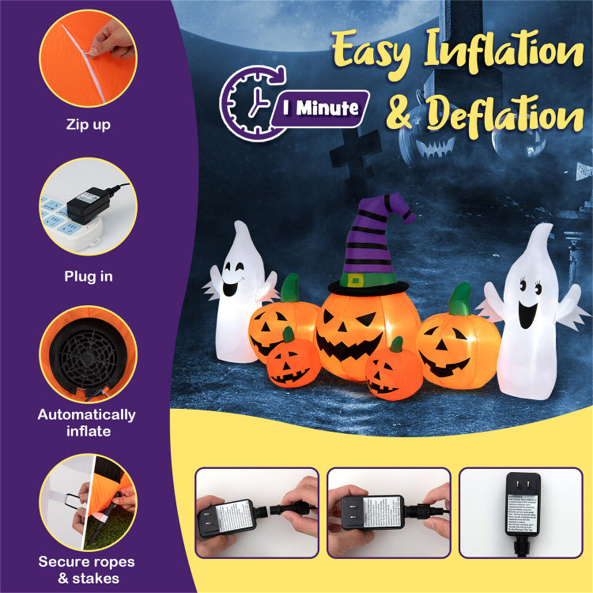 US Local 9ft Inflatable Halloween Decor: 5 Pumpkins, 2 Ghosts, Internal LED Lights, Waterproof Polyester, 1-Min Inflation