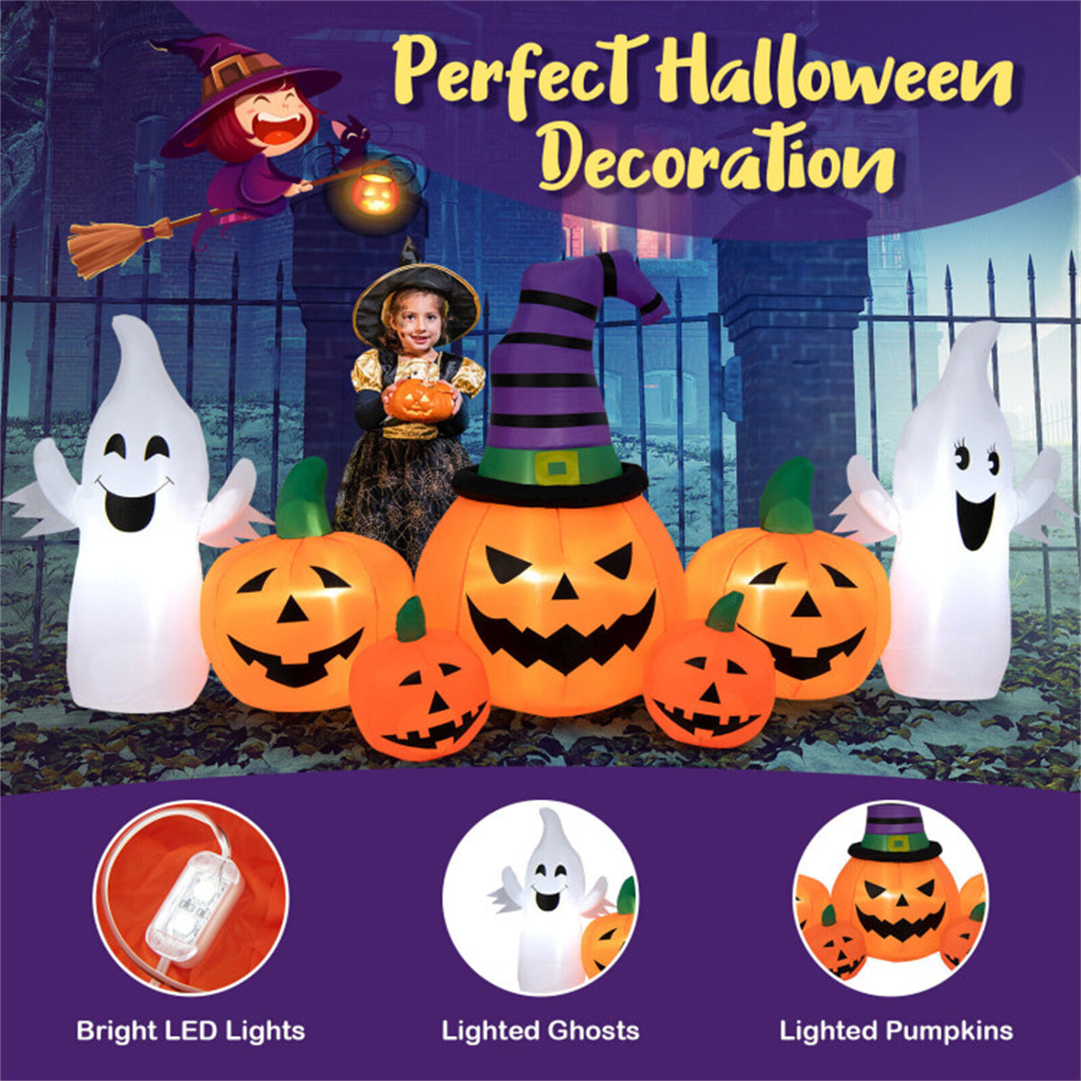 US Local 9ft Inflatable Halloween Decor: 5 Pumpkins, 2 Ghosts, Internal LED Lights, Waterproof Polyester, 1-Min Inflation