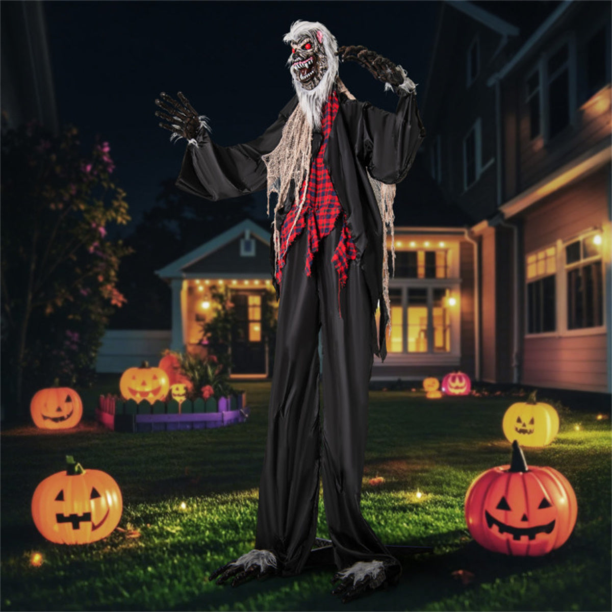 US Local 8.2ft Animatronic Werewolf Halloween Decor: Realistic Fur, Scary Howls, Red Flashing LEDs, Poseable Arms, Easy 3-Step Assembly for Porch/Garden/Yard