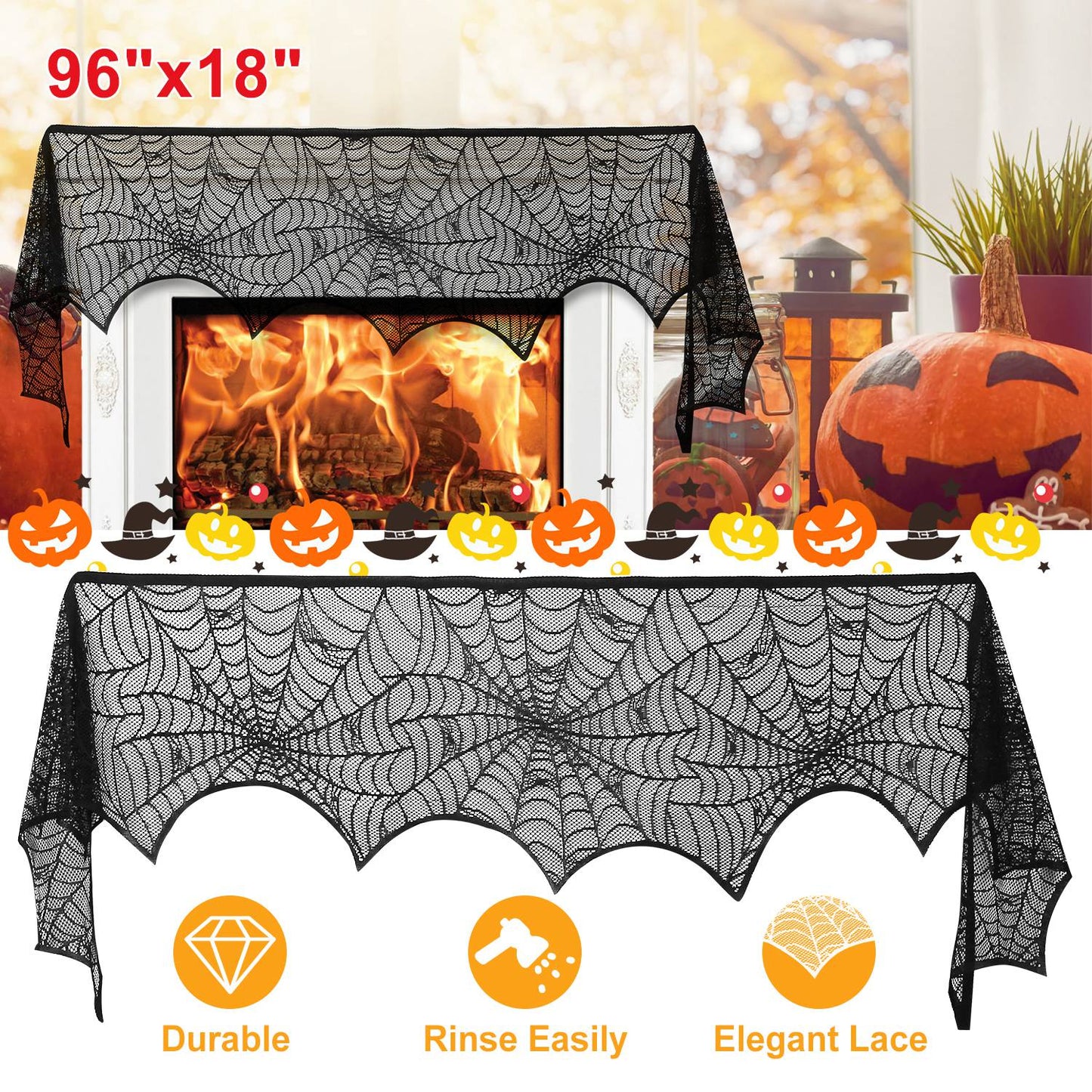 US Local 2PCS Halloween Mantle Scarf (96"x18") - Black Lace with Spider Web, Spider & Bat Design, Soft Anti-Crease Fabric - Perfect for Fireplace, Haunted House, Party Decor