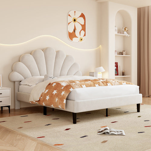 UK Local 4ft6 Double Upholstered Velvet Bed Frame, With Adjustable Chic Petal Headboard, Velvet Platform Bed Frame With Solid Wood Slat, No Box Spring Needed, Easy Assembly, Beige