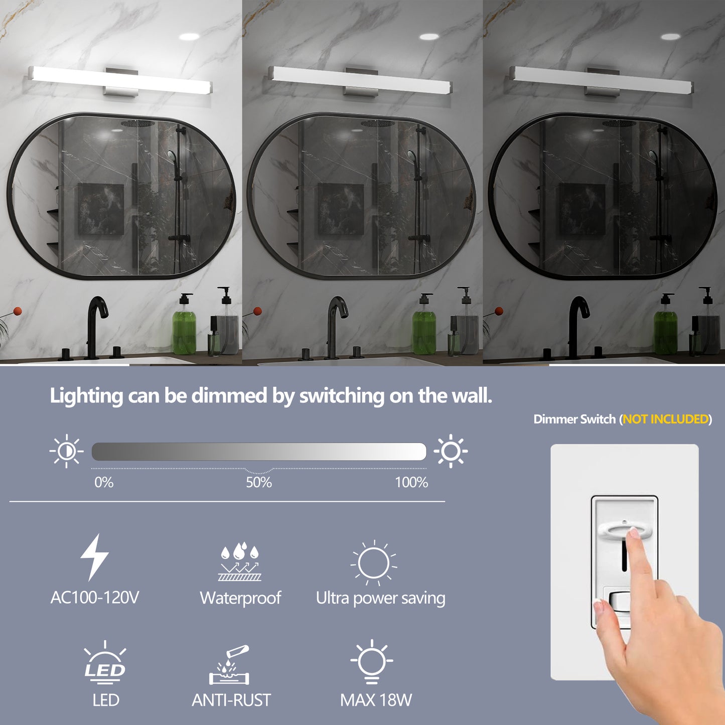 US Local Bathroom Vanity Light Brushed Nickel Square LED 33inch 18W 6000K Cool White Light Wall Bar Lighting Fixtures Over Mirror