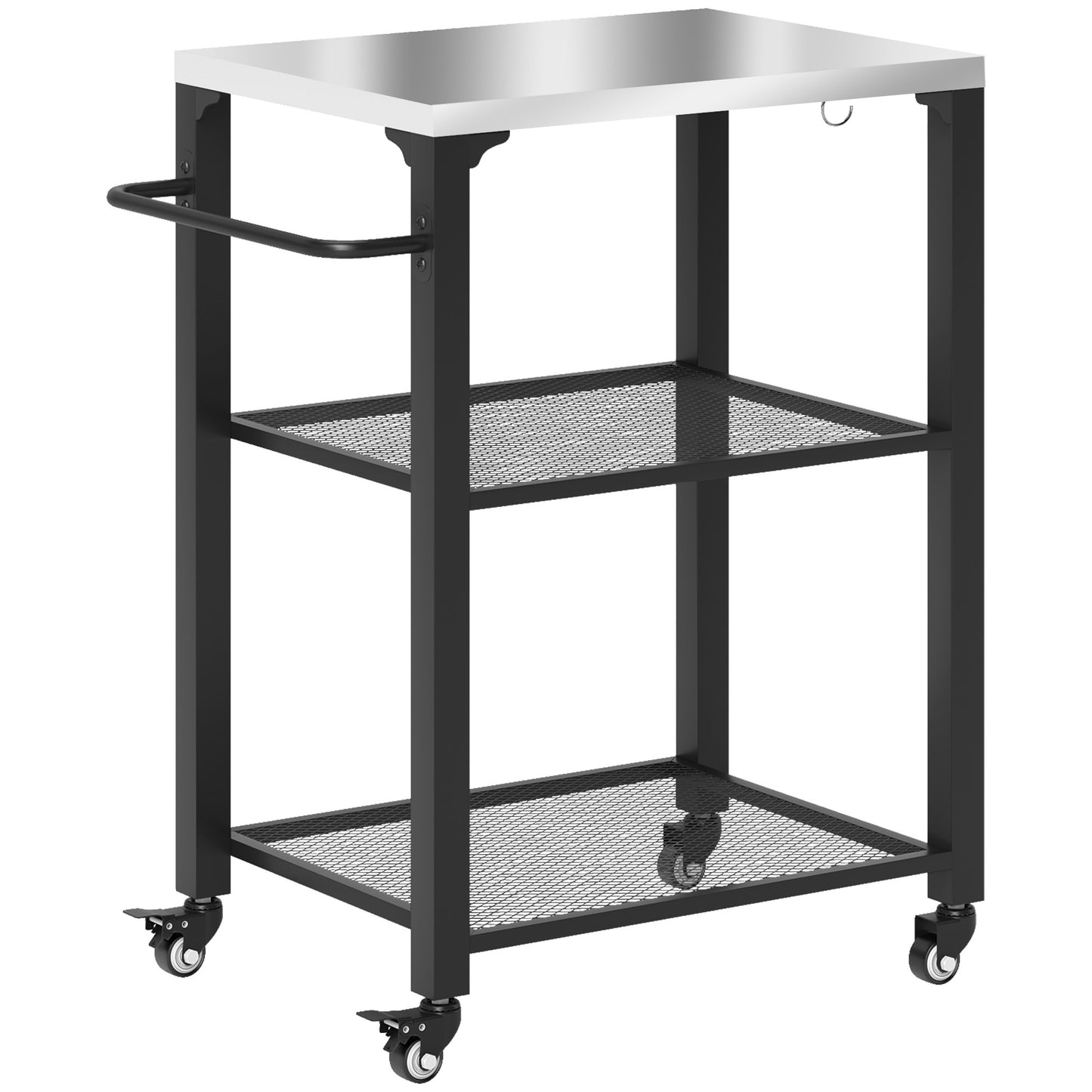 US Local 3-Shelf Outdoor Grill Cart With Stainless Steel Tabletop, Movable Pizza Oven Table With Hooks, Side Handle, Wheels