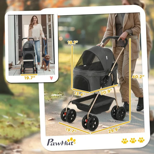 US Local 3 In 1 Pet Stroller With Detachable Carrier, Foldable Dog Stroller With Storage Basket, Cupholder, For Mini Dogs, Gray