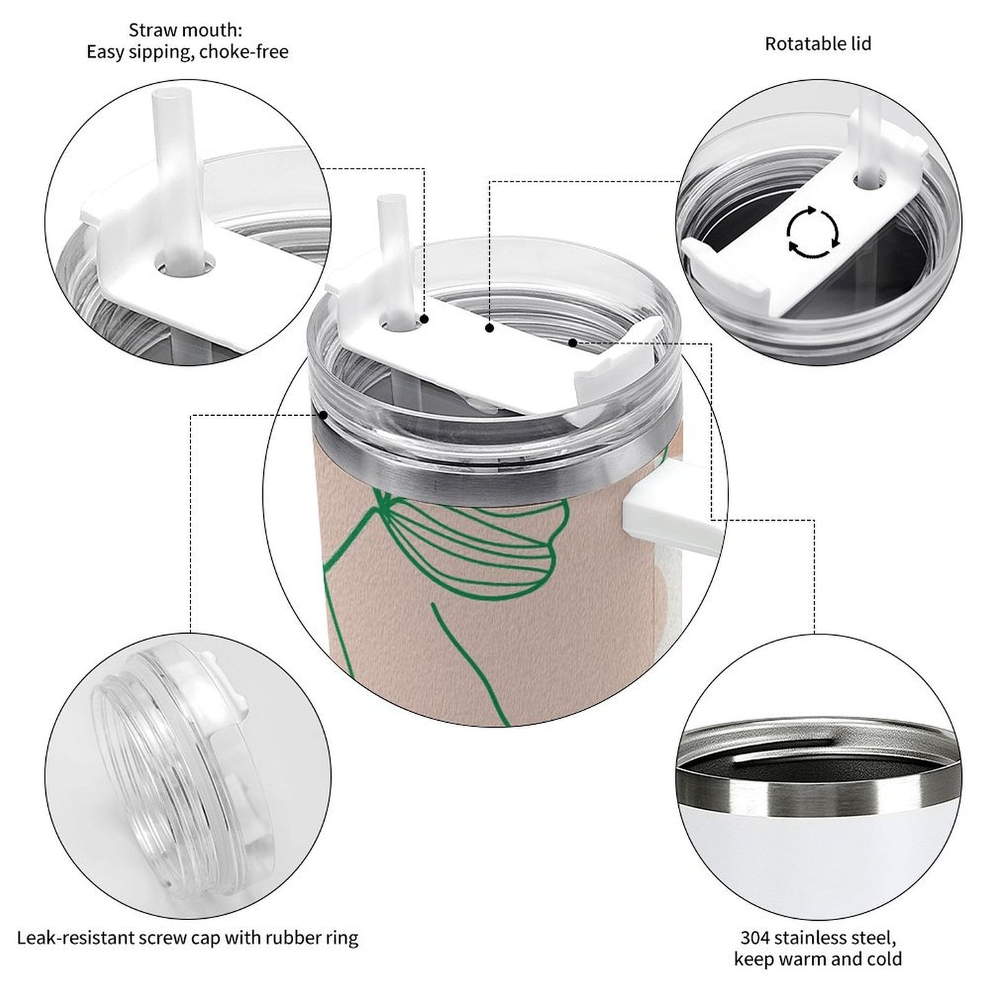 PHDT00212 POD US Local Tumbler 40oz Large Capacity Car Cup Green Leaves, Lines