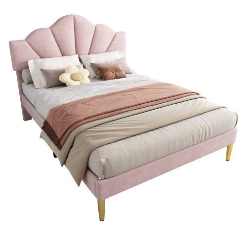 UK Local Velvet Upholstered Bed,Double Bed 4ft6 135x190cm, Shell-like Bed With Golden Iron Legs, Height Adjustable Headboard, Wooden Slatted Frame,