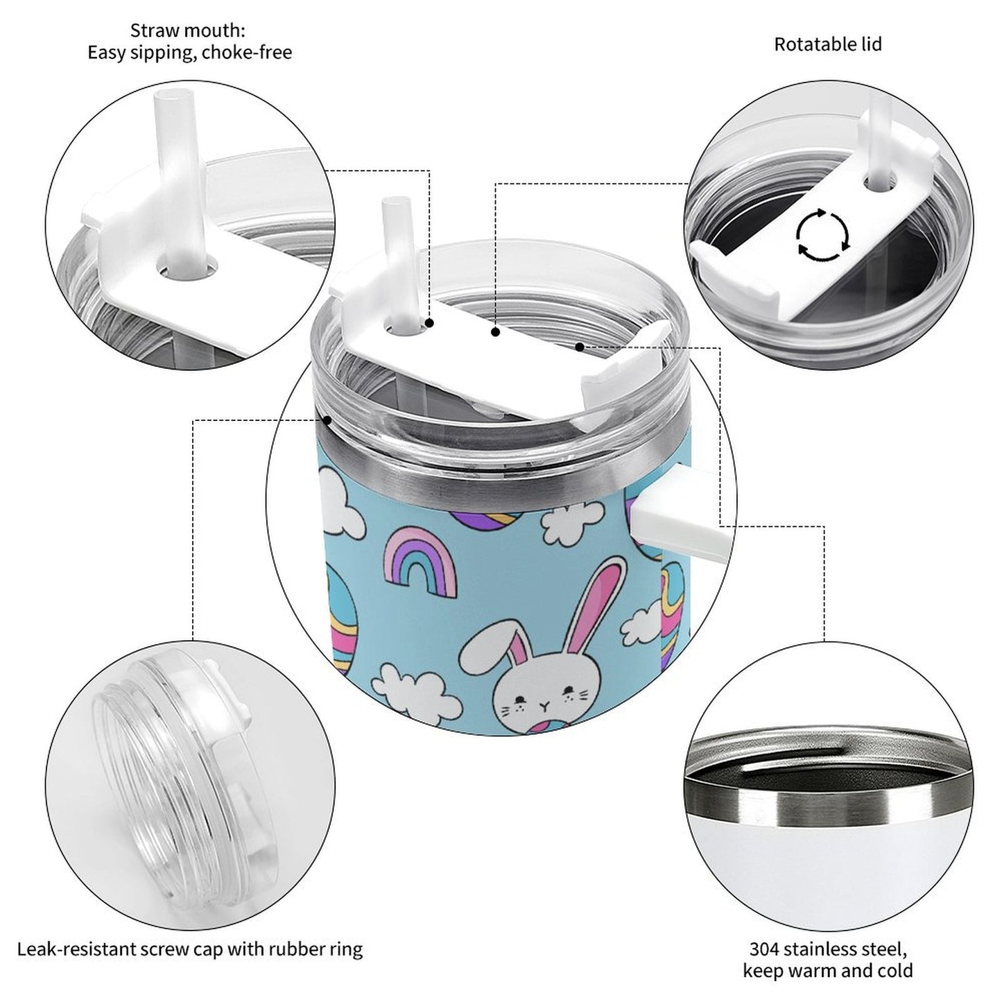 PHDT00502 POD US Local Tumbler 40oz Large Capacity Car Cup Blue, Easter, Rabbit