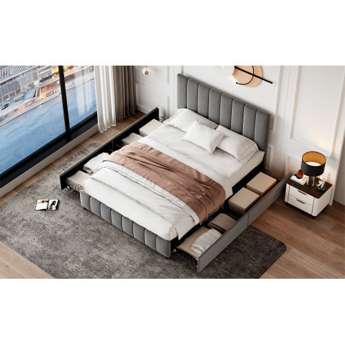 UK Local 4ft6 Double Upholstered Bed With 4 Storage Drawers, Velvet Platform Bed Frame With Adjustable Channel Tufted Headboard, Metal-Wood Support, No Box Spring Needed, Easy Assembly, Grey No Mattress