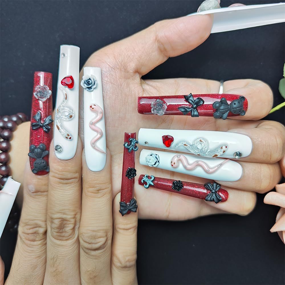 US Local GGddsha Long Handmade PMMA Acrylic Press On Nails WithRhinestone Snake Rose Design, Dark Bear Nails,Reusable Fake Nails W Box, Gift For Women,Scarlet Serpentine