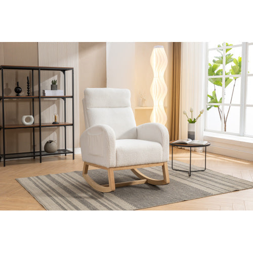 UK Local Mid Century Modern Teddy Fabric Upholstered Rocking Chair Padded Seat For Living Room Bedroom, Beige