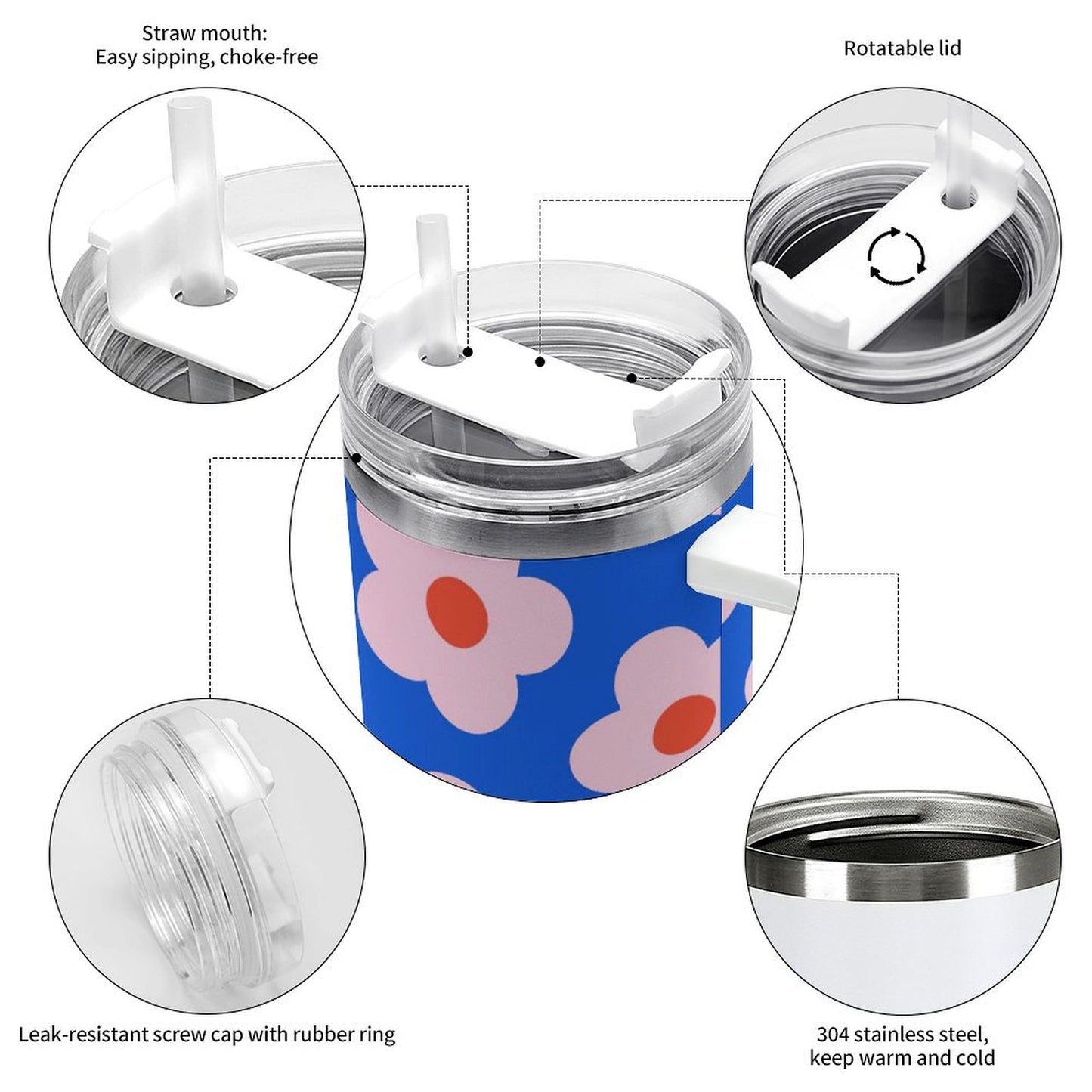 PHDT00053 POD US Local Tumbler 40 oz Large Capacity Car Cup Flower, Blue