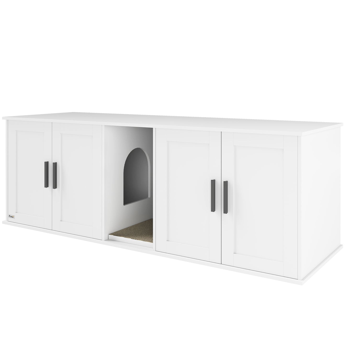 US Local Cat Litter Box Enclosure With Double Room, Scratching Mat For 2 Cats, 57 X 19 X 20, White