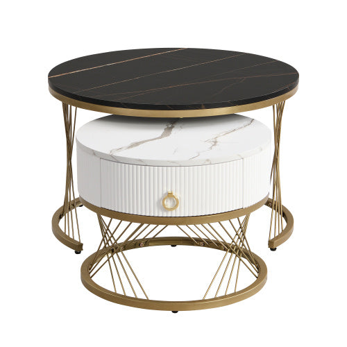 UK Local Elegant Nesting Coffee Table Marble Look Gold Decor,Side Table With Drawers Set Of 2