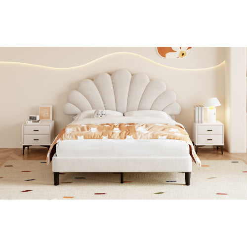 UK Local 4ft6 Double Upholstered Velvet Bed Frame, With Adjustable Chic Petal Headboard, Velvet Platform Bed Frame With Solid Wood Slat, No Box Spring Needed, Easy Assembly, Beige