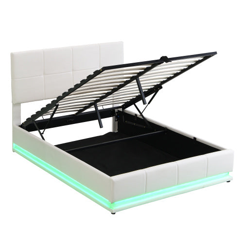 UK Local Ottoman Double Bed With LED Lighting, PU Leather Upholstered Bed With Hydraulic Storage, 4ft6 Double Bed Frame With Adjustable Square Tufted Headboard, Cream White