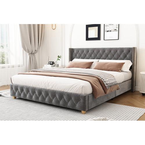 UK Local Upholstered Bed,Double Bed-4ft6 135x190cm,With Slatted Frame And Headboard, Button Upholstery, Rivet Upholstery, Wooden Legs, Velvet, Grey