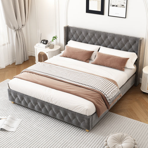 UK Local Upholstered Bed,Double Bed-4ft6 135x190cm,With Slatted Frame And Headboard, Button Upholstery, Rivet Upholstery, Wooden Legs, Velvet, Grey