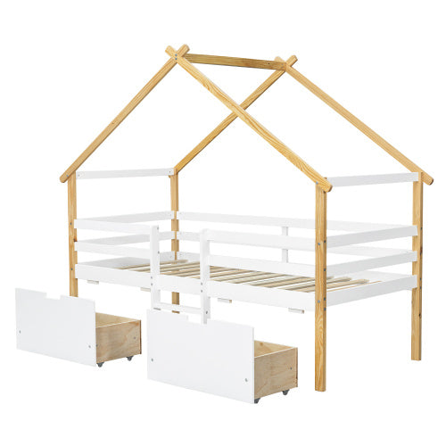 UK Local Wooden Bed, Children S Bed, 3ft Single Bed 90x190cm, MDF Pinewood Plywood, Safety Guardrail, Two Storage Drawers With Wheels,Roof Shape, White Natural