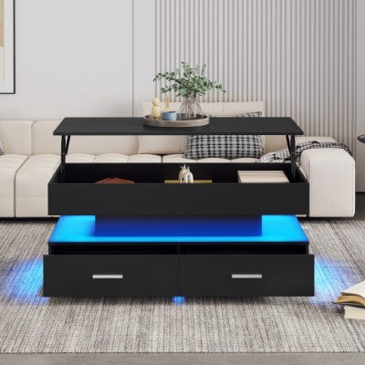 UK Local Hydraulic Lift Top Coffee Table, LED Coffee Tables With Storage For Living Room, Coffee Table With 2 Drawers & LED Light For Dining Reception Room, Black
