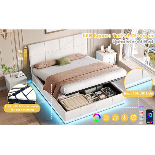 UK Local Ottoman Double Bed With LED Lighting, PU Leather Upholstered Bed With Hydraulic Storage, 4ft6 Double Bed Frame With Adjustable Square Tufted Headboard, Cream White