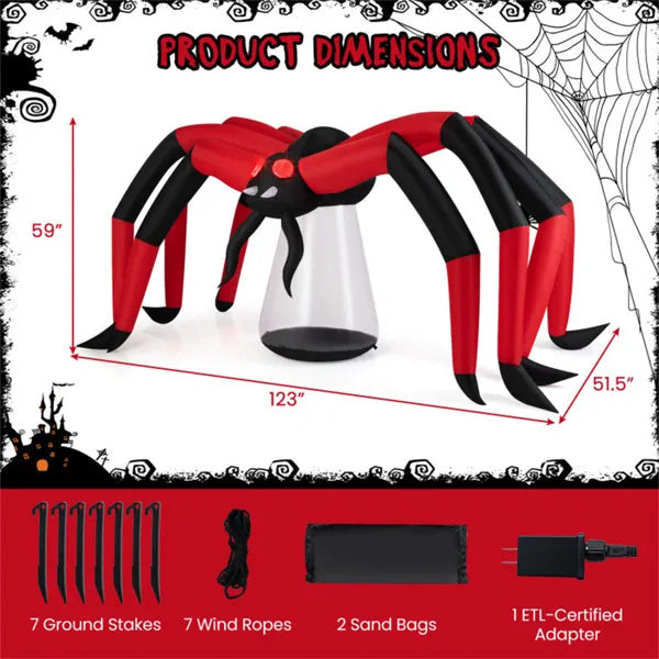 10ft Wide 5ft Tall Giant Halloween Inflatable Spider - LED Head Light 2 Red Eye Tunnel Lights, Black Red Color
