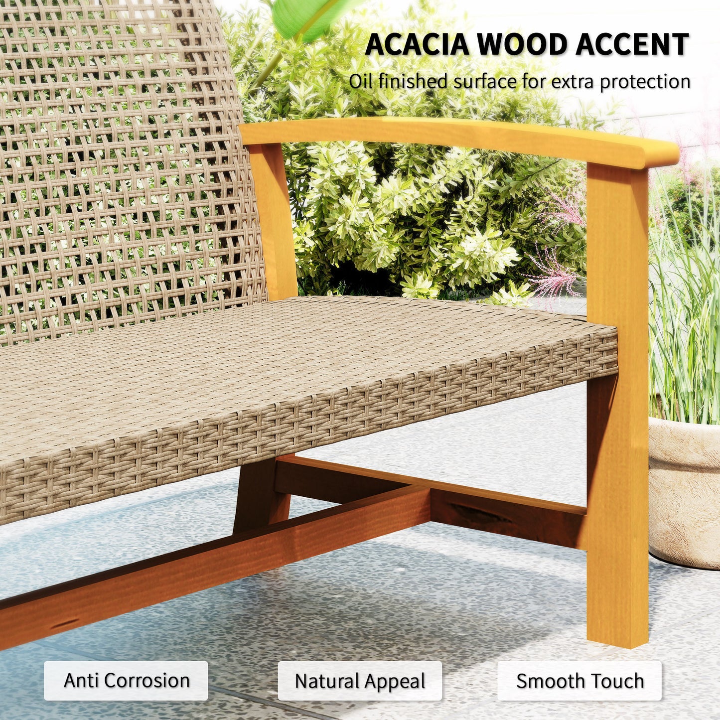 US Local 3-Seat Wicker Outdoor Couch Patio Sofa, Acacia Wood Patio Furniture With Steel Seat Armrests, Capacity, Teak