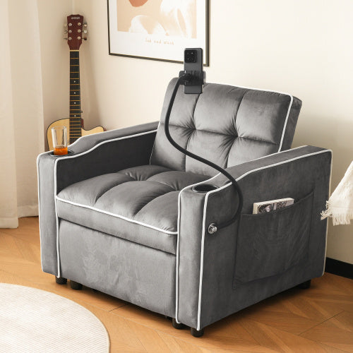 UK Local 3-in-1 Expandable Single Sofa Bed With Drink Holders And Phone Holder, Sofa Recliner, Sleeper Chair, Armchair, Perfect For Small Spaces, 83x167x76 Cm