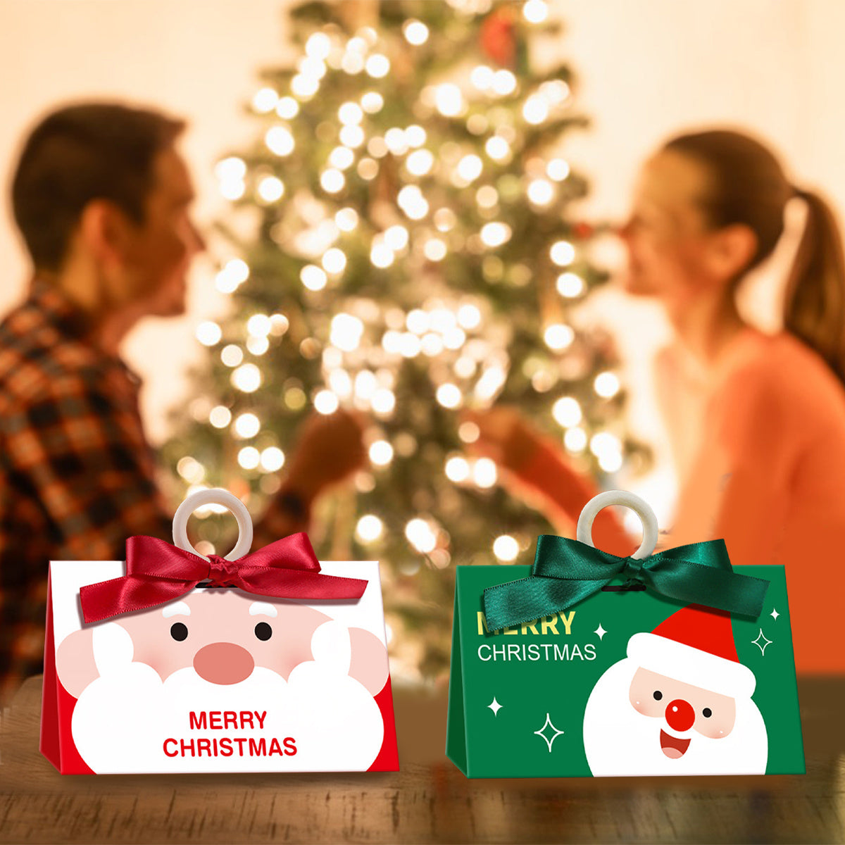 US Local 10 Pack Christmas Candy Boxes With Ribbon And Wooden Ring Merry Cartoon Paper Treat Boxes Christmas Santa Claus Pattern Cookie Goodies Box For Christmas Birthday Wedding Gift Wrapping Holiday Party Su