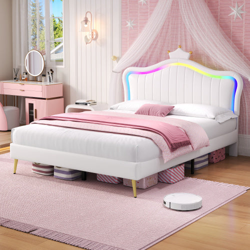 UK Local 4ft6 Double Upholstered Bed With LED Adjustable Crown Shape Headboard, PU Leather Bed Frame With Solid Wood Slat, No Box Spring Needed, Easy Assembly, Cream White No Mattress