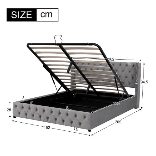 UK Local Upholstered Bed, With Hydraulic Lever, Functional Bed From Storage, 150 X 200 Cm, Without Mattress, Velvet, Gray