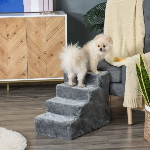 UK Local PawHut Four-Step Dog Stairs, With Washable Plush Cover, For High Bed Sofa, Dog Stairs For Small Dog And Cat - Light Grey