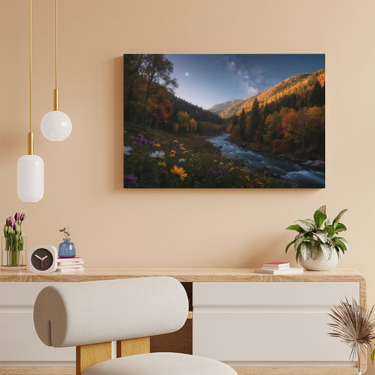 POD Decor Interior Frame Painting Horizontal, Mountain river starry autumn