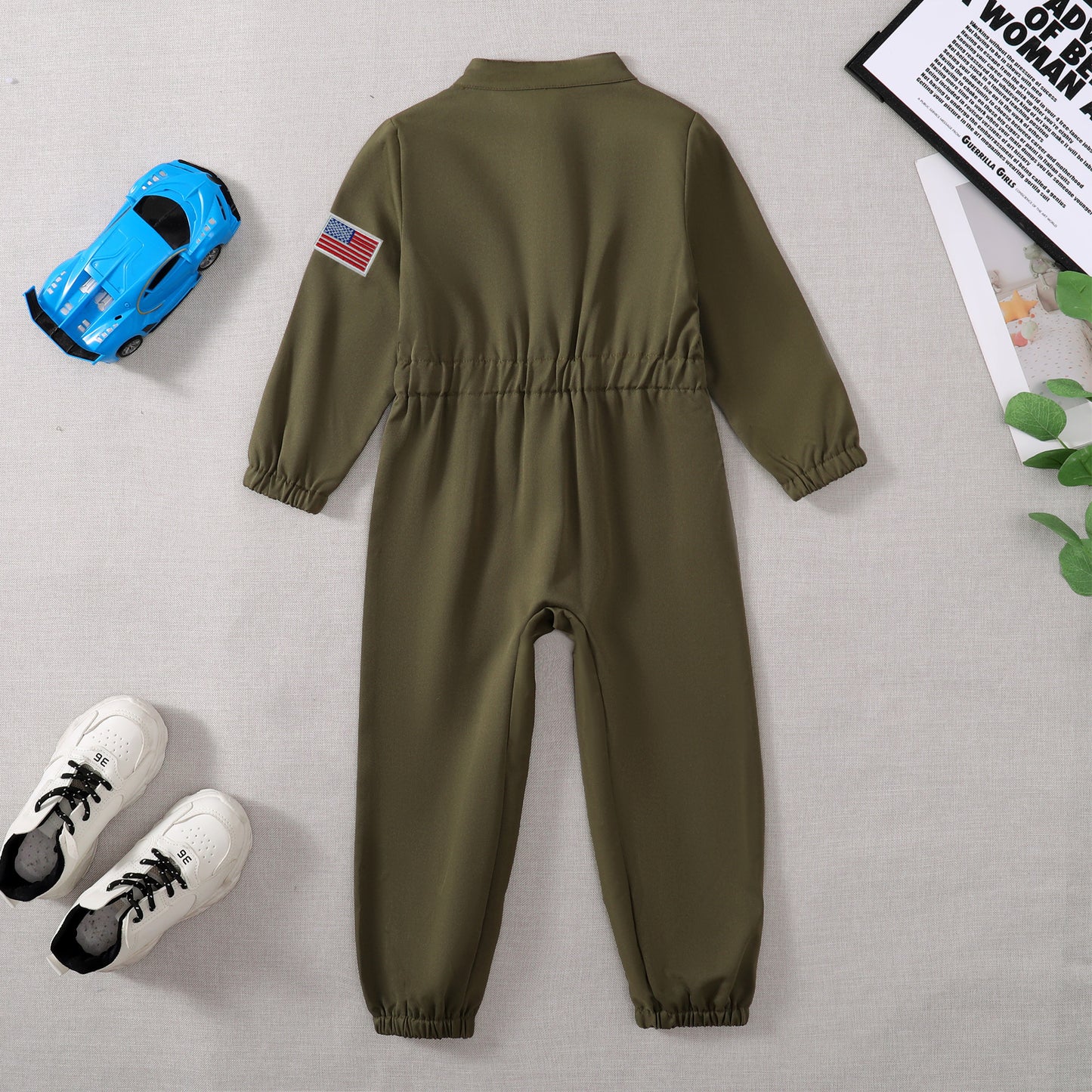 US Local Toddler Boys Pilot Jumpsuit Army Green Long Sleeve Romper, Perfect For Birthday Party Outfits